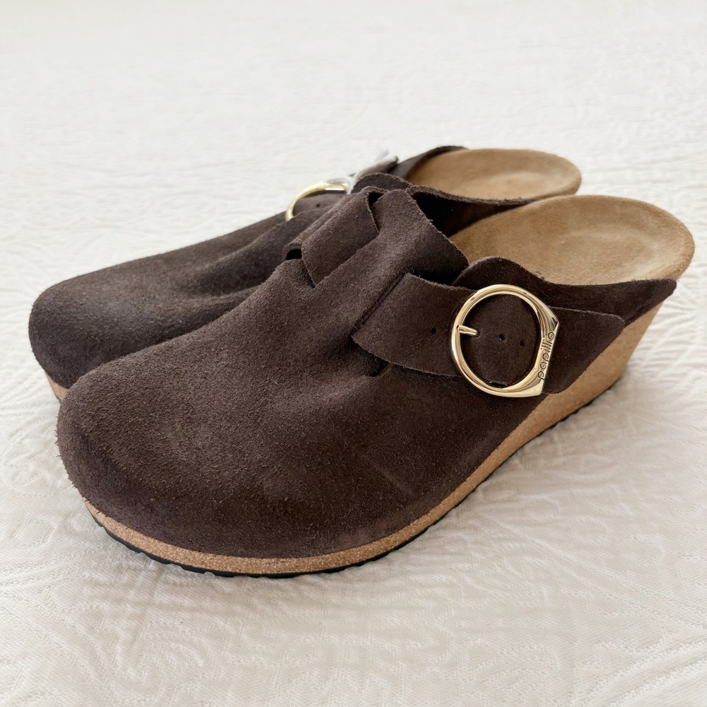 Birkenstock Pipillio Fanny Ring Buckle Suede Leather Heeled Clogs Sz 41